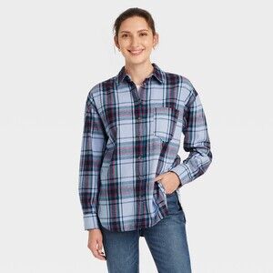 Oversized Flannel Long Sleeve Collared Button-Down Shirt - Light Blue Plaid XS